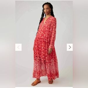 Free People Red Tiered Sundress with Bishop Sleeves